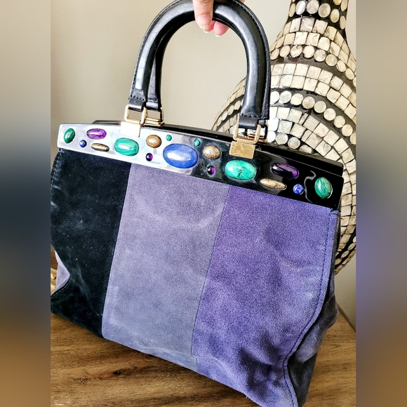 Tory Burch Attersee Women Luxe Suede Frame Satchel Bag Jewel /Black Large - Picture 2 of 16